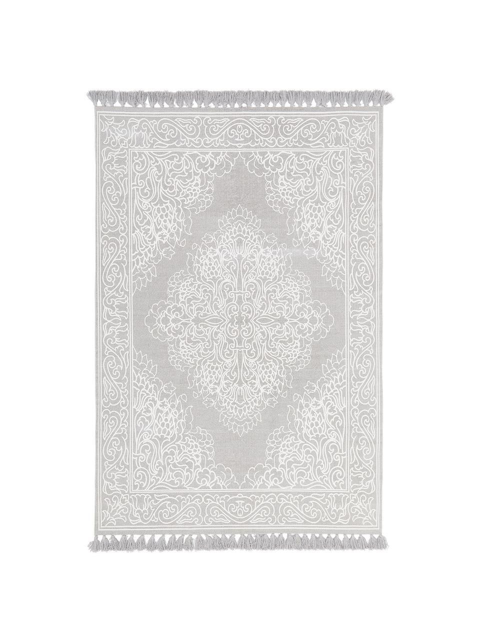 Flachgewebter Baumwollteppich Salima mit Quasten, handgewebt, 100% Baumwolle, Hellgrau, Cremeweiß, B 70 x L 140 cm (Größe XS)