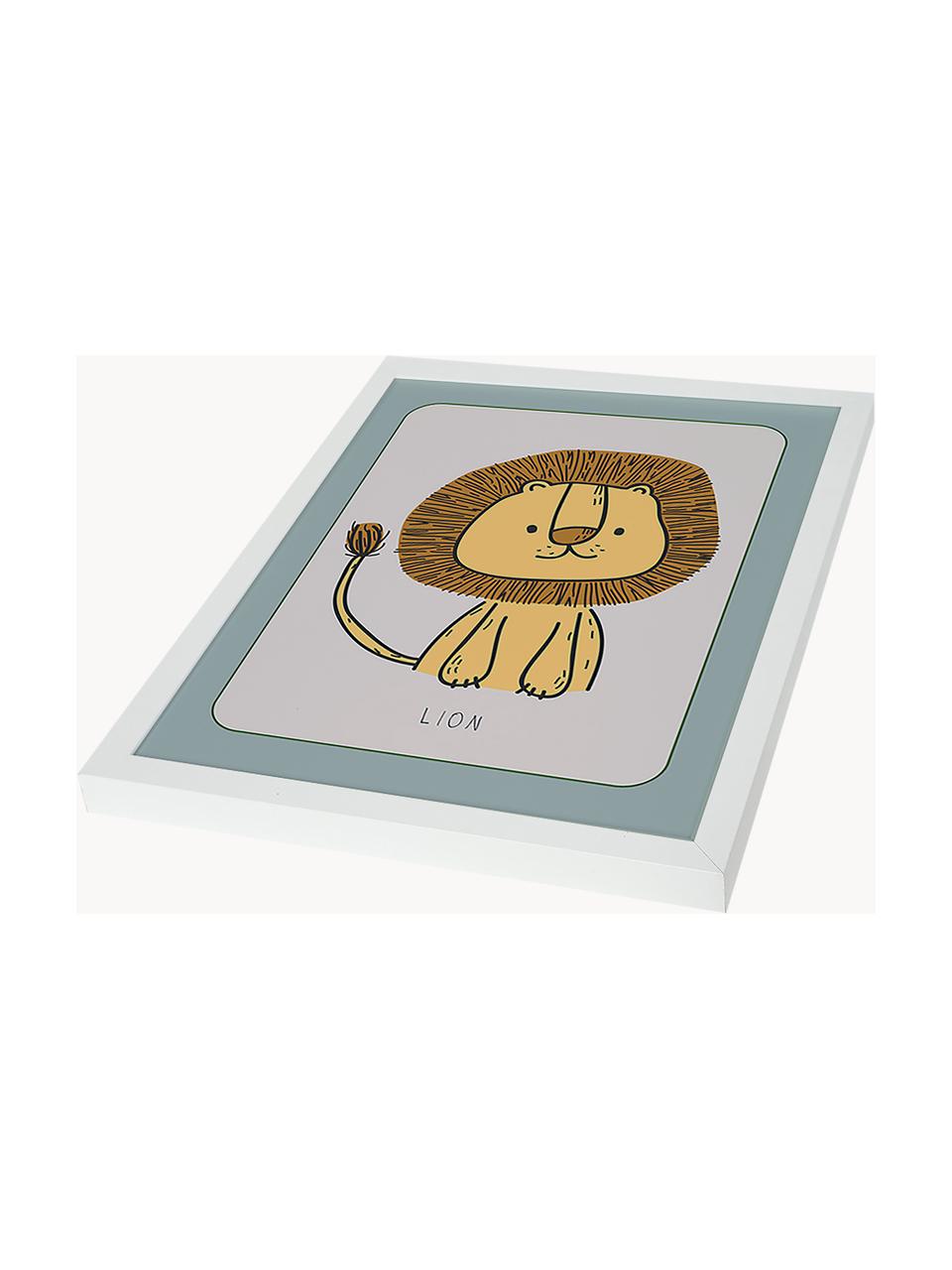 Gerahmter Digitaldruck Lion, Rahmen: Buchenholz, Bild: Digitaldruck auf Papier, , Front: Acrylglas Dieses Produkt , Weiß, Senfgelb, Salbeigrün, B 33 x H 43 cm