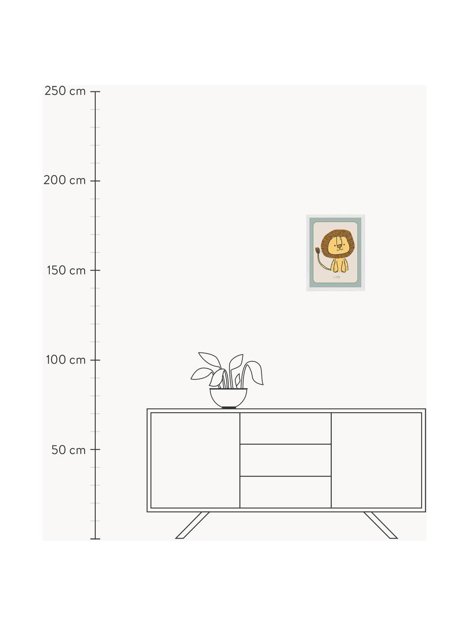 Gerahmter Digitaldruck Lion, Rahmen: Buchenholz, FSC zertifizi, Bild: Digitaldruck auf Papier, , Front: Acrylglas, Weiss, Senfgelb, Salbeigrün, B 33 x H 43 cm