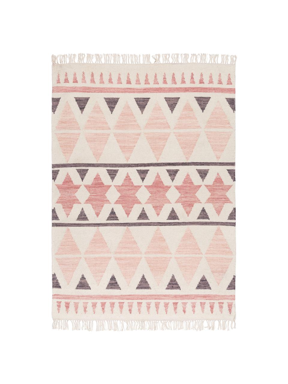 Tapis kilim en laine rose/crème, tissé main Billund, Rose, crème, gris foncé