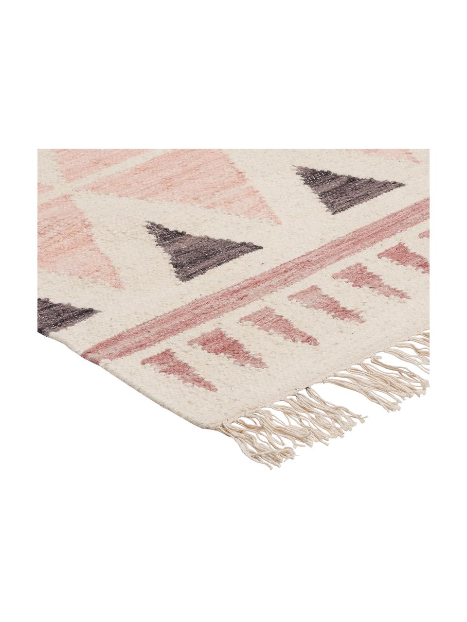 Ručně tkaný vlněný koberec v ethno stylu Billund, Růžová, krémová, tmavě šedá