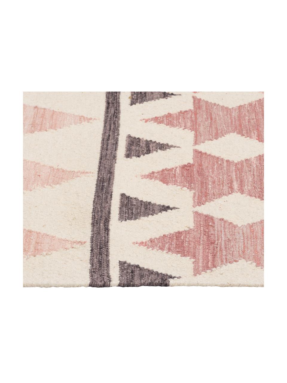 Handgeweven wollen vloerkleed Billund, Bovenzijde: 90% wol, 10% katoen, Onderzijde: 90% wol, 10% katoen, Roze, crèmekleurig, donkergrijs, 120 x 180 cm