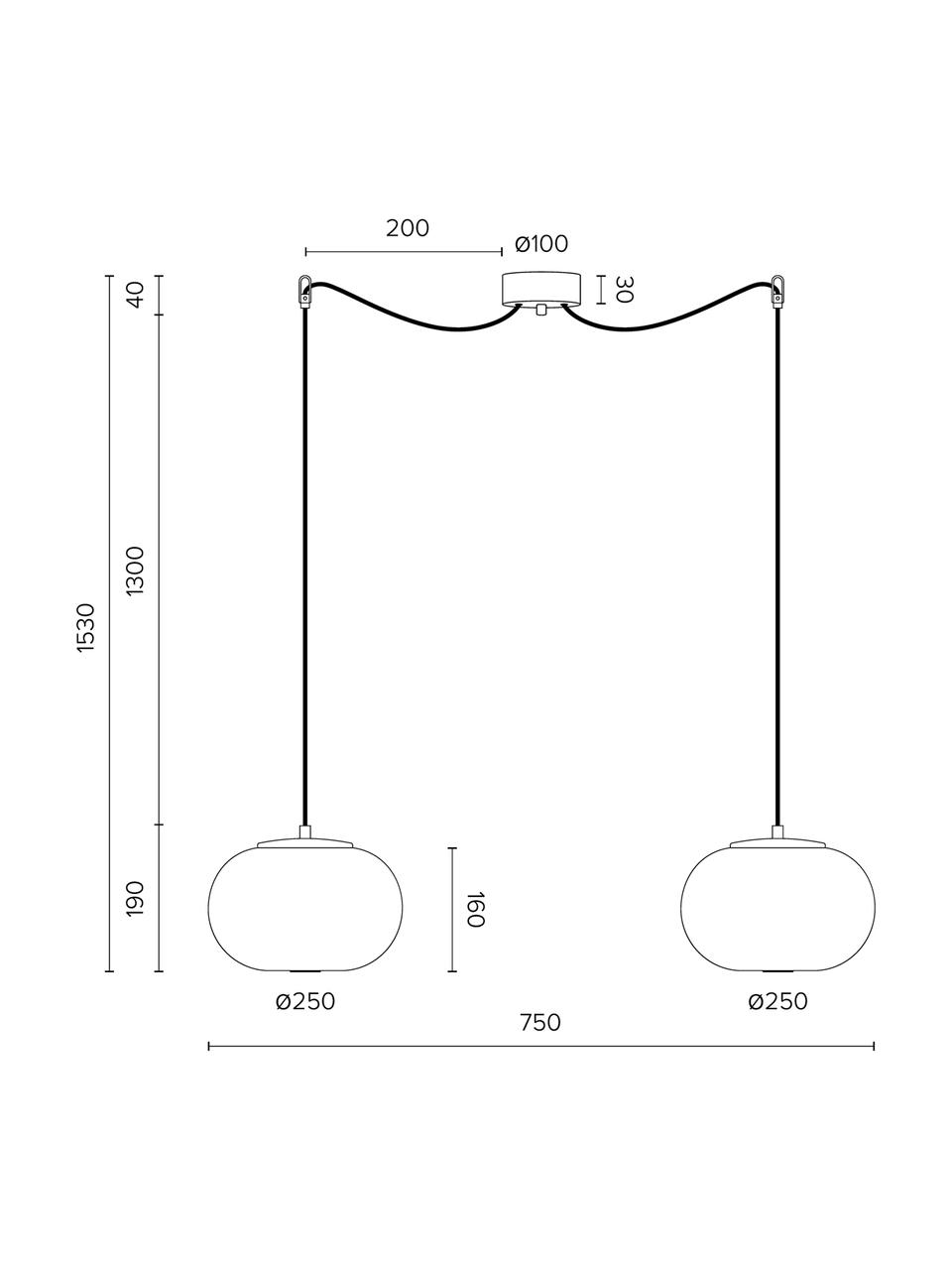 Hanglamp Dosei Double van opaalglas, Lampenkap: opaalglas, Wit, zwart, goudkleurig, 75 x 153 cm