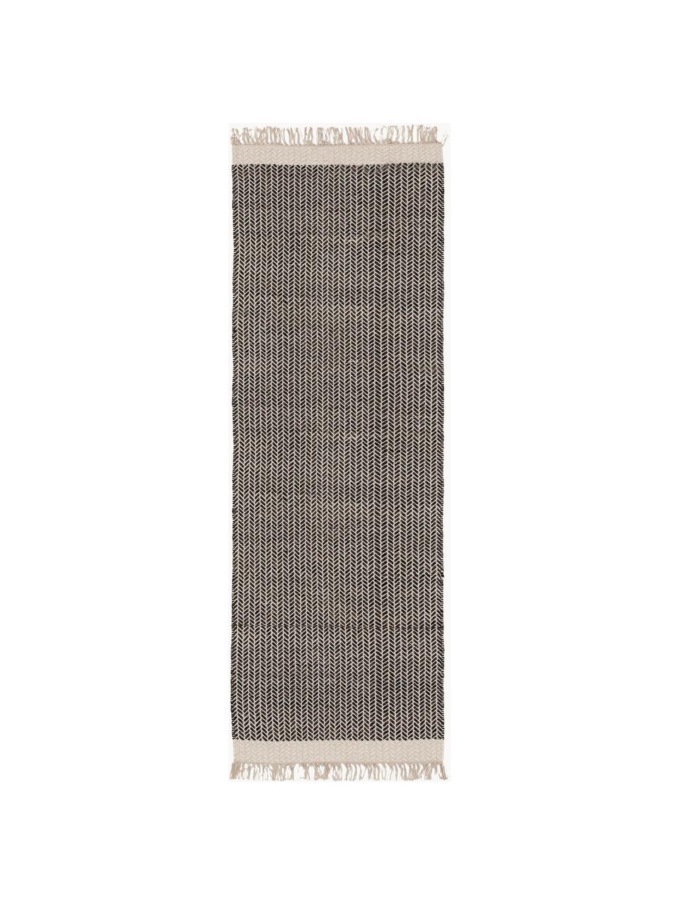 Tapis d'entrée en laine à franges tissé main Kim, 80 % laine, 20 % coton

Les tapis en laine peuvent perdre des fibres lors des premières semaines et des peluches peuvent se former, ce phénomène est naturel et diminue à mesure de votre usage et du temps, Noir, beige clair, larg. 70 x long. 200 cm