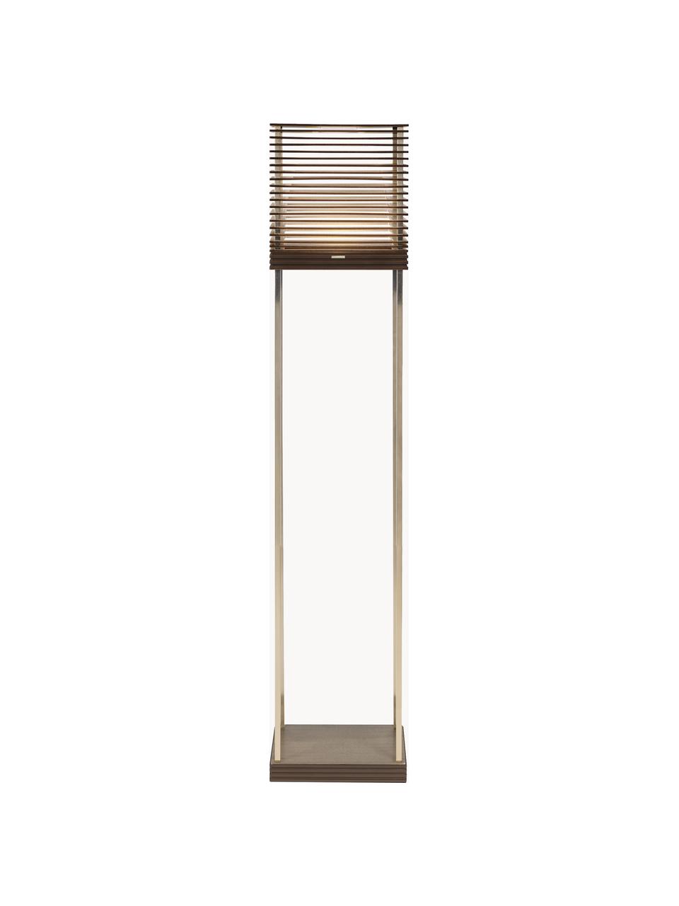 Lámpara de pie pequeña LED regulable Miya, Pantalla: madera, Adornos: metal recubierto, Madera clara, dorado, Al 145 cm