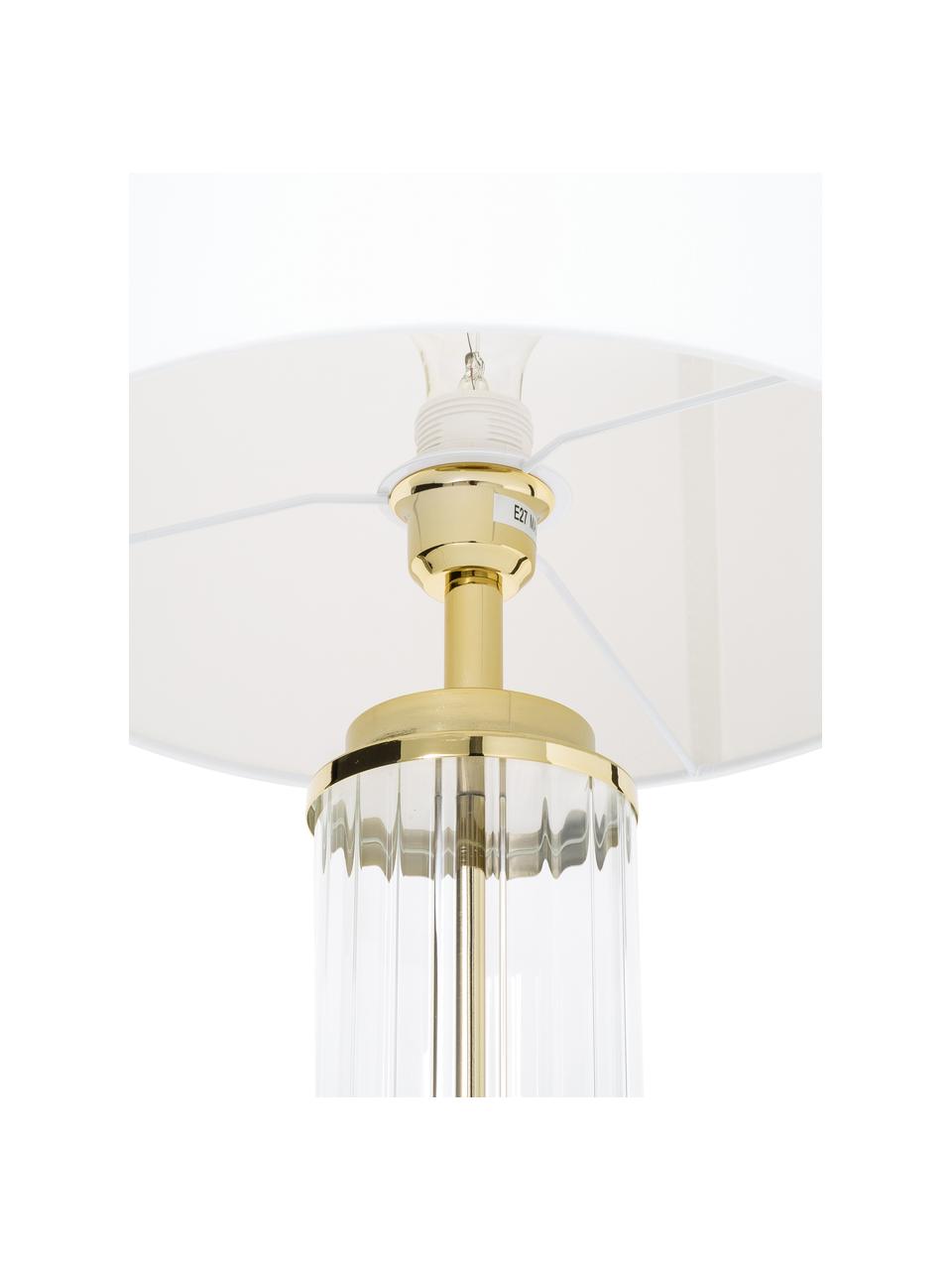 Große Glam-Tischlampe Gabor mit Glasfuß, Lampenschirm: Textil, Lampenfuß: Metall, Glas, Weiß, Goldfarben, Ø 35 x H 64 cm