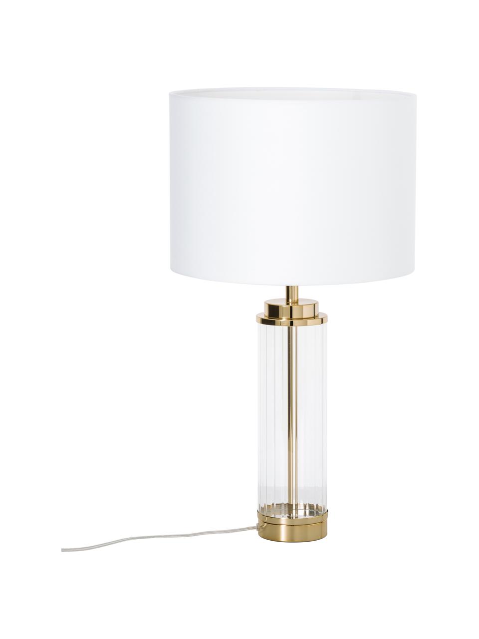 Grosse Glam-Tischlampe Gabor mit Glasfuss, Lampenschirm: Textil, Creme, Goldfarben, Ø 35 x H 64 cm