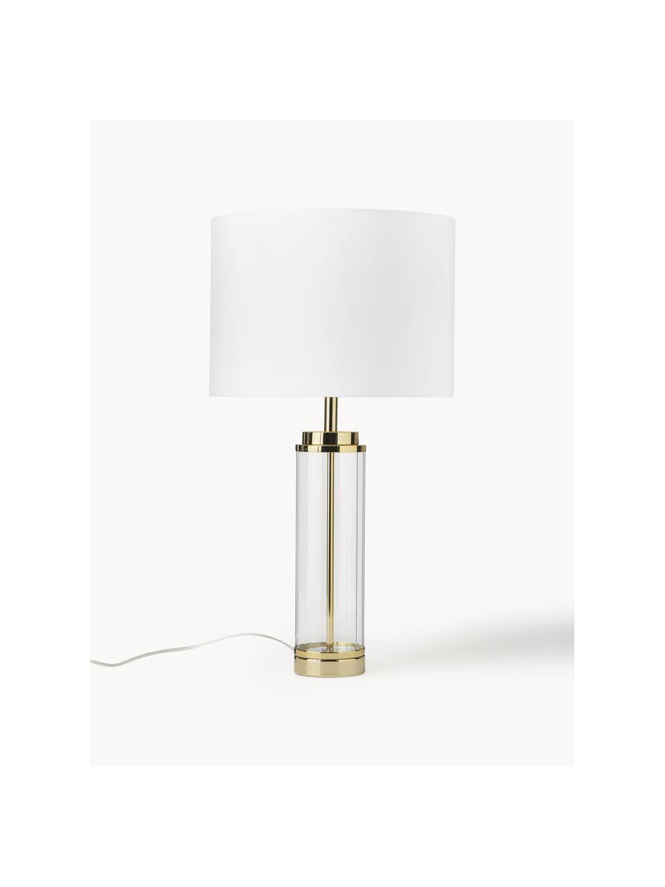 Grosse Glam-Tischlampe Gabor mit Glasfuss, Lampenschirm: Textil, Weiss, Goldfarben, Ø 35 x H 64 cm