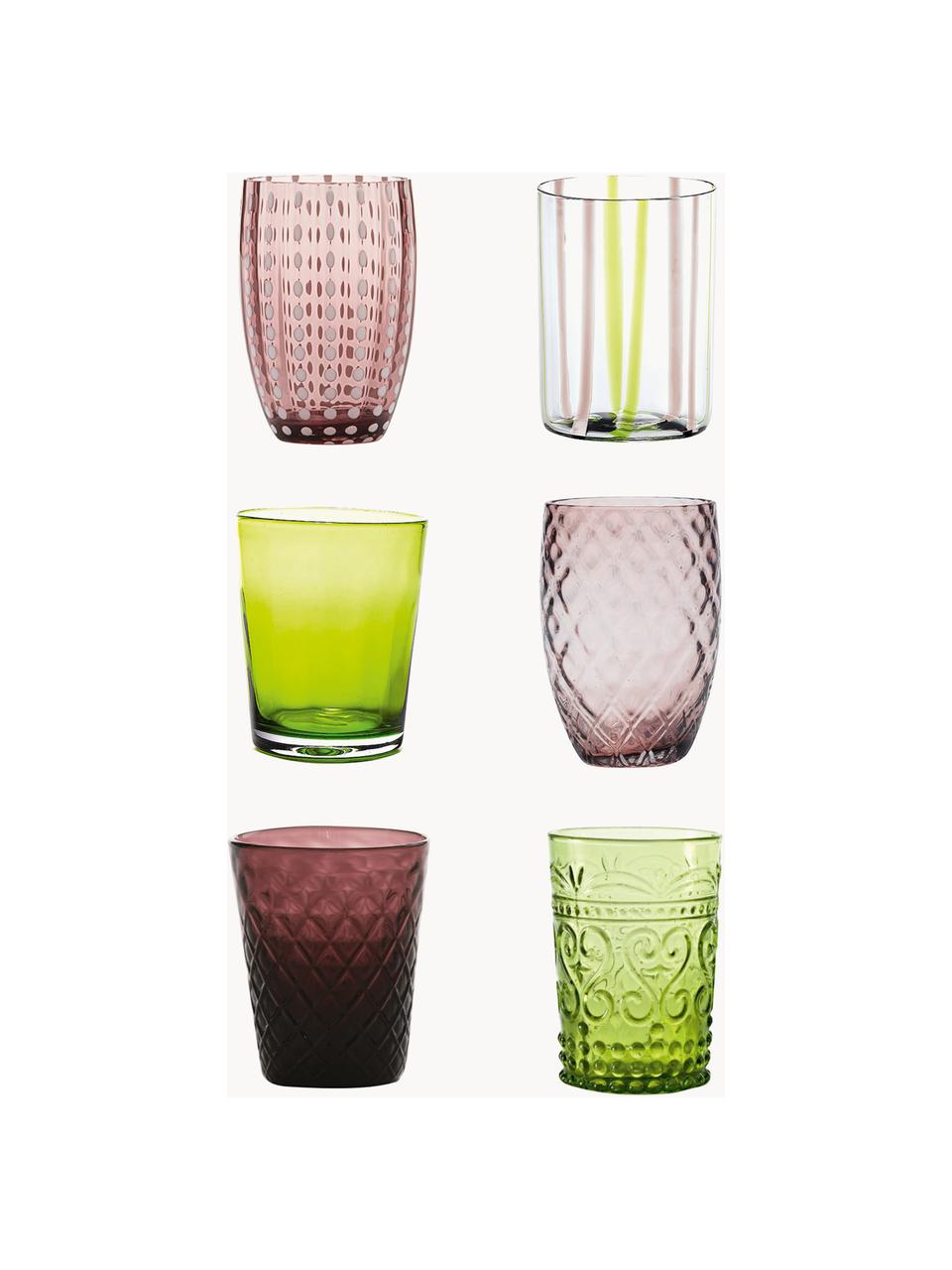 Handgemaakte waterglazen Melting, set van 6, Glas, Lichtgroen, pruimkleurig, transparant, Set met verschillende groottes