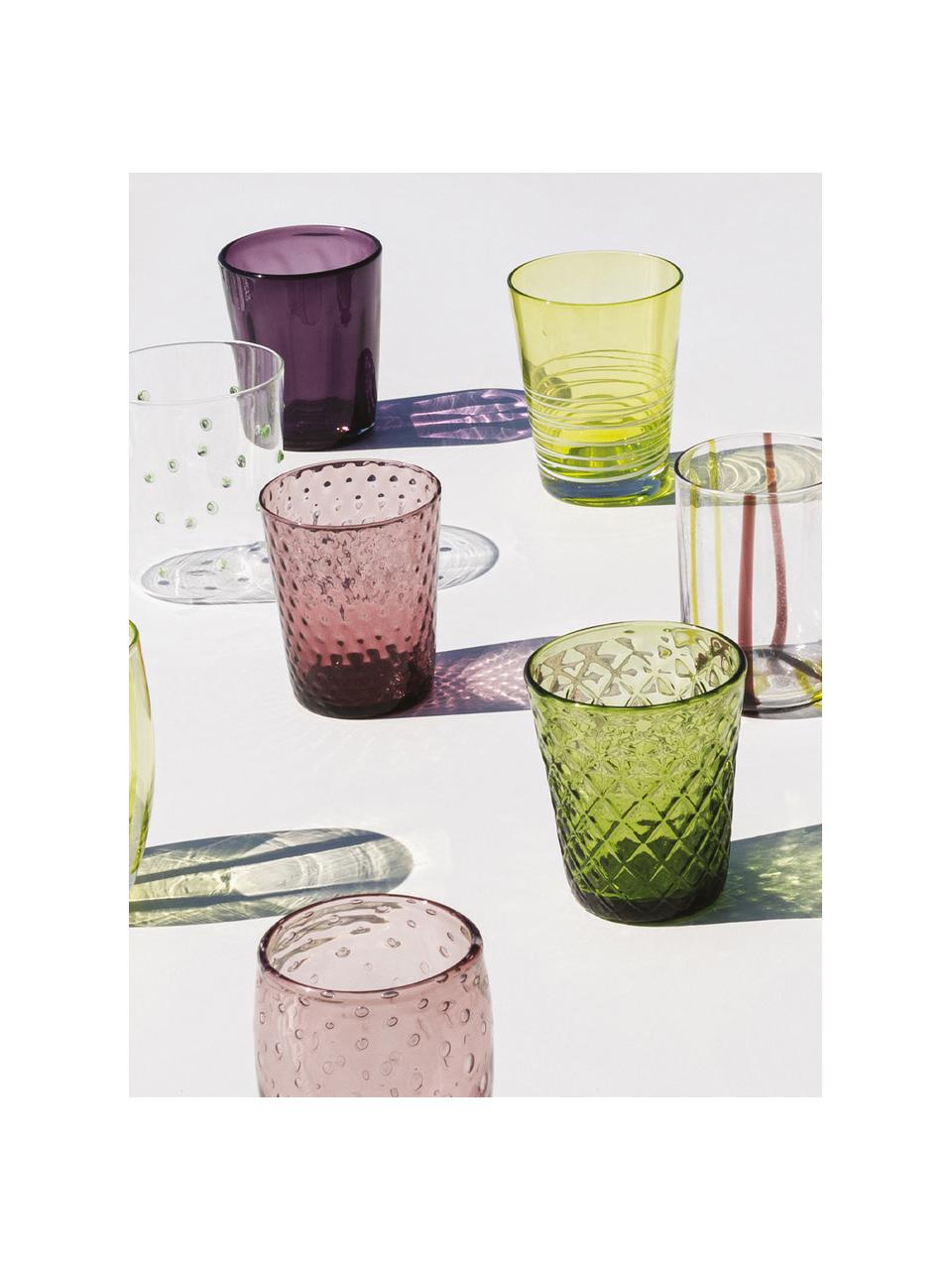 Handgefertigte Wassergläser Melting, 6er-Set, Glas, Hellgrün, Pflaume, Transparent, Set mit verschiedenen Größen