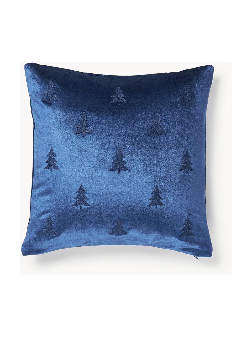 Copricuscino in velluto con ricamo albero di Natale Isadora, Rivestimento: velluto di viscosa (60% v, Blu elettrico, Larg. 45 x Lung. 45 cm