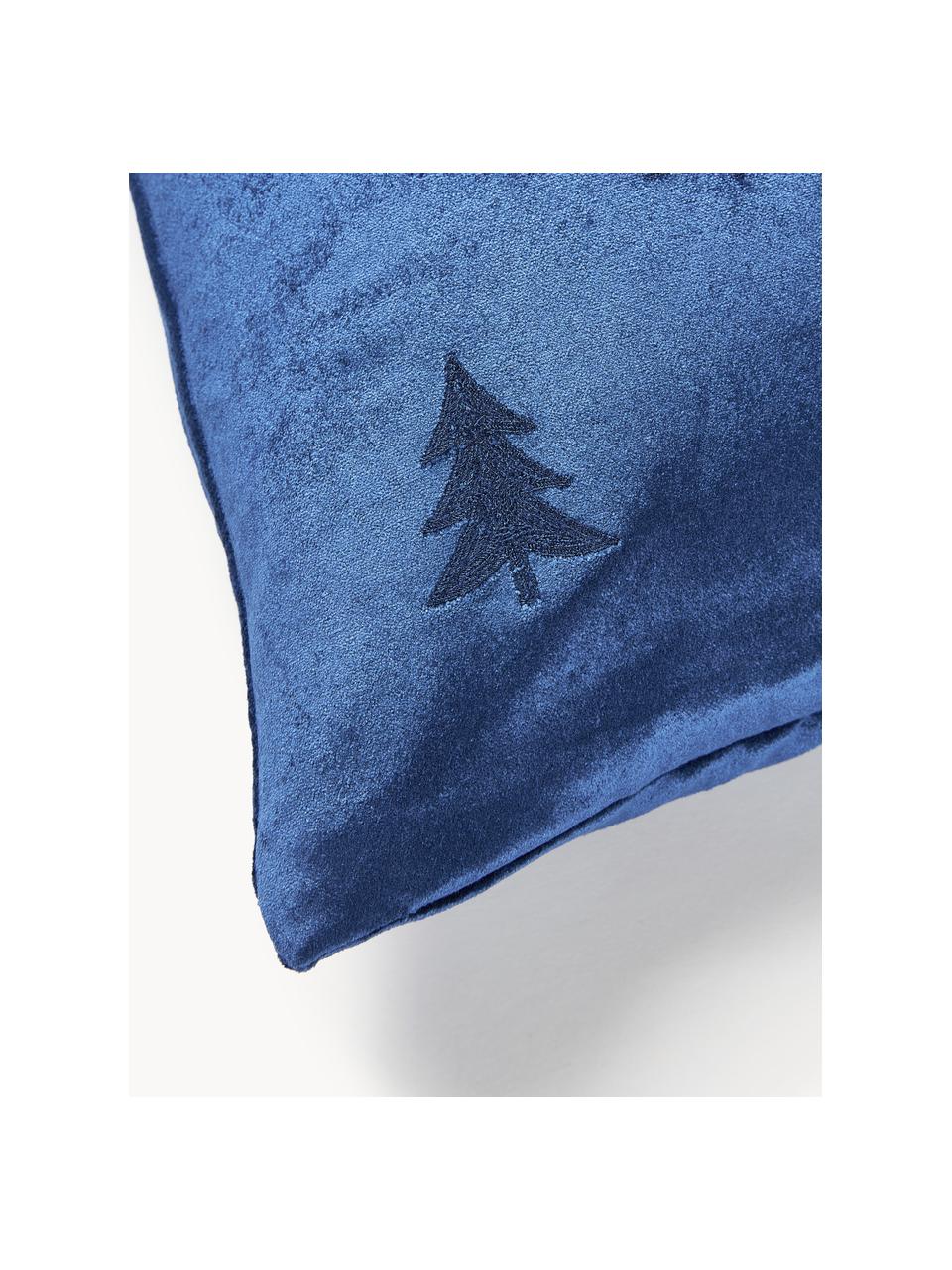 Samt-Kissenhülle Isadora mit Weihnachtsbaum-Stickerei, Hülle: Viskosesamt (60 % Viskose, Royalblau, B 45 x L 45 cm