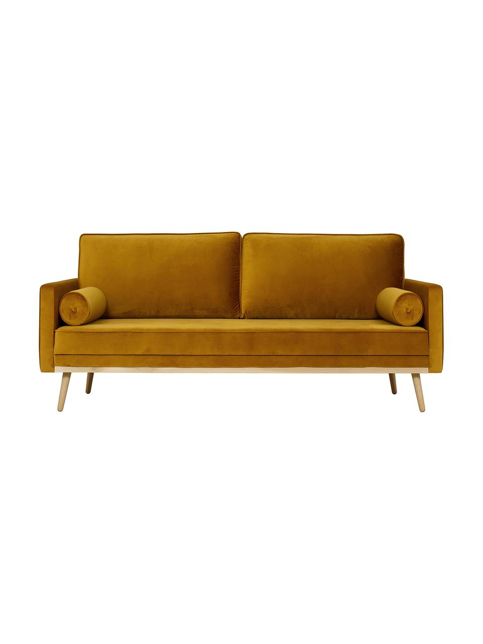 Samt-Sofa Saint (3-Sitzer) in Senfgelb mit Eichenholz-Füßen, Bezug: Samt (Polyester) Der hoch, Gestell: Massives Eichenholz, Span, Samt Senfgelb, B 210 x T 93 cm