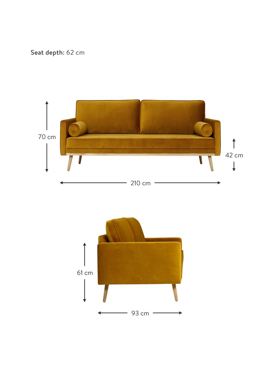 Sofa z aksamitu z nogami z drewna dębowego Saint (3-osobowa), Tapicerka: aksamit (poliester) Dzięk, Musztardowy aksamit, S 210 x G 93 cm