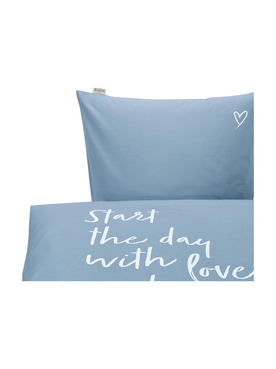 Pościel z bawełny Smile with Love, Niebieski, biały, 155 x 220 cm + 1 poduszka 80 x 80 cm
