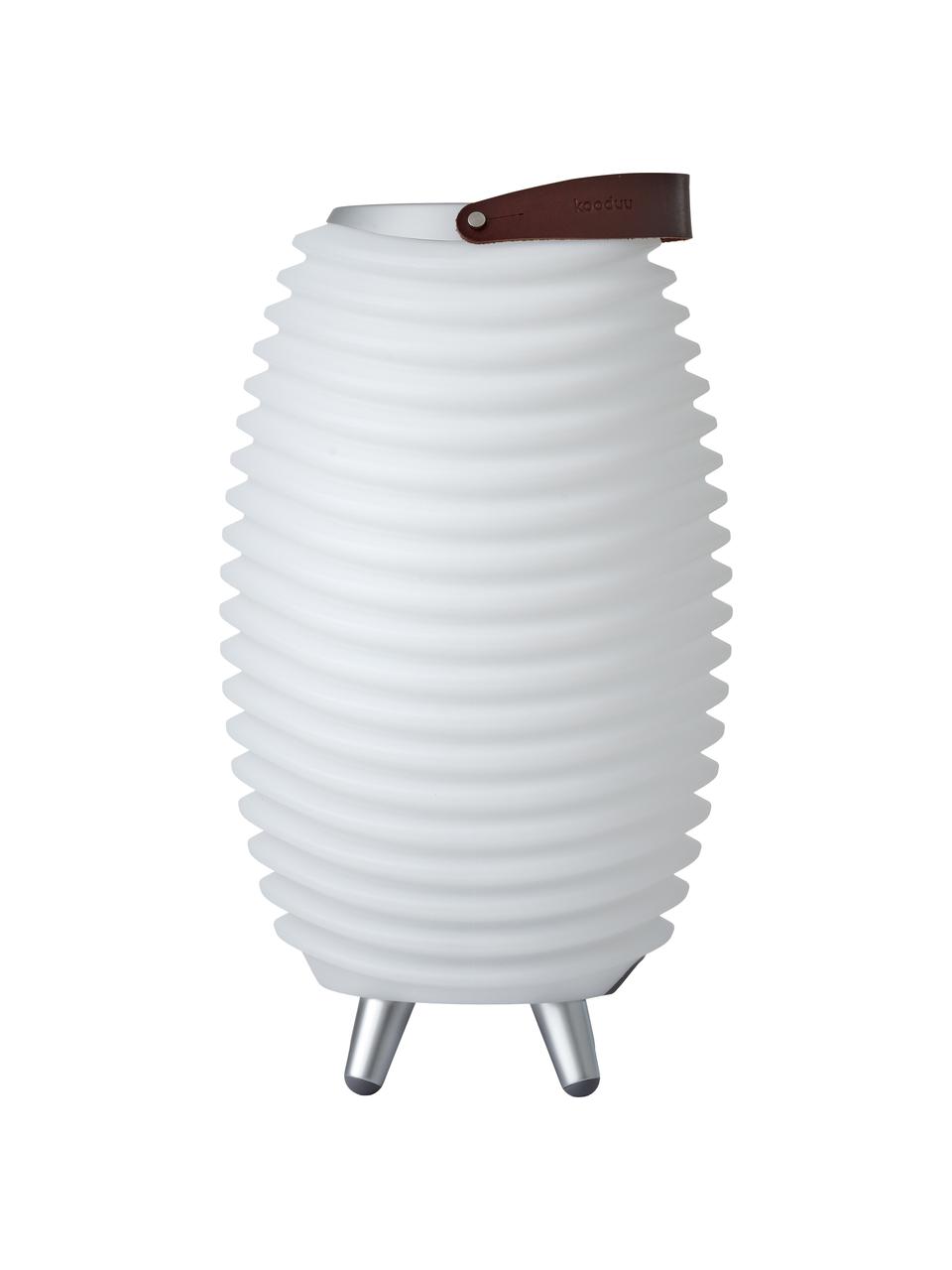 Lámpara cubitera regulable LED para exterior Synergy S, con altavoz, Pantalla: plástico, Asa: cuero, Blanco, marrón, Ø 41 x Al 72 cm