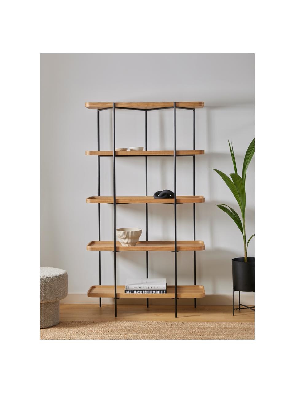 Grande étagère industrielle en bois avec cadre en métal Renee, Bois de frêne, larg. 100 x haut. 180 cm