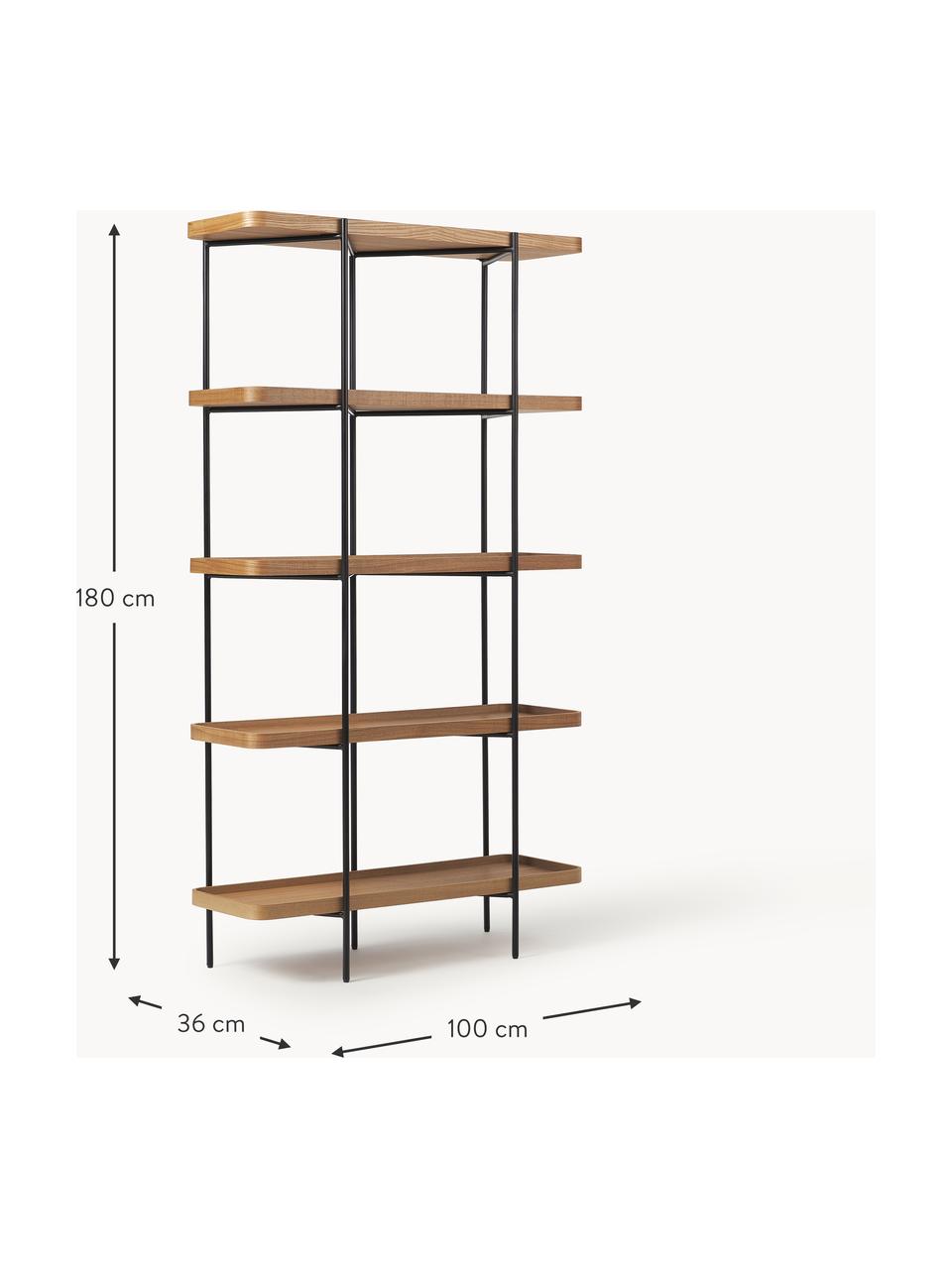 Libreria grande in legno con struttura in metallo Renee, Mensole: pannello di fibra a media, Struttura: metallo verniciato a polv, Legno di frassino, Larg. 100 x Alt. 180 cm