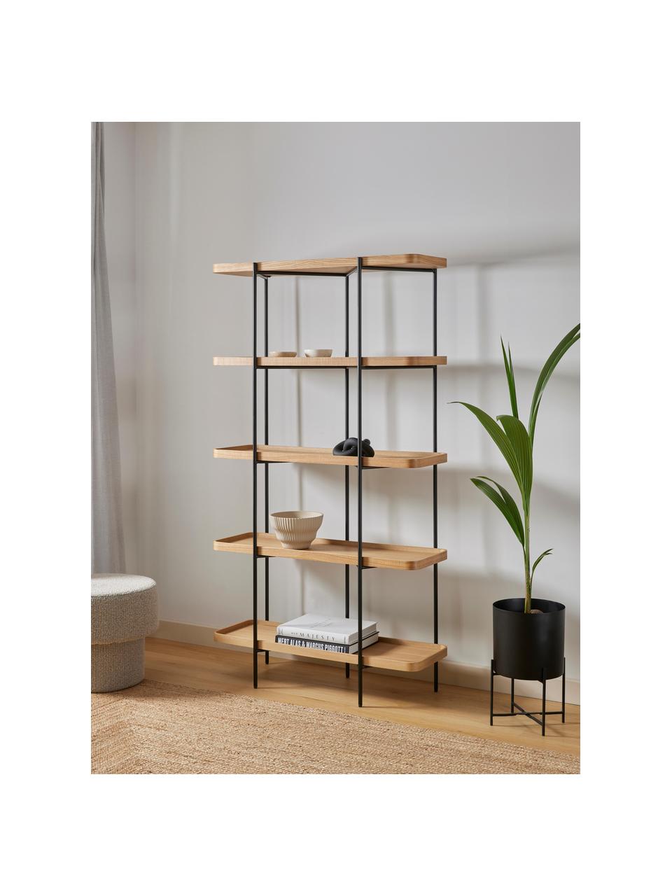Libreria grande in legno con struttura in metallo Renee, Mensole: pannello di fibra a media, Struttura: metallo verniciato a polv, Legno di frassino, Larg. 100 x Alt. 180 cm