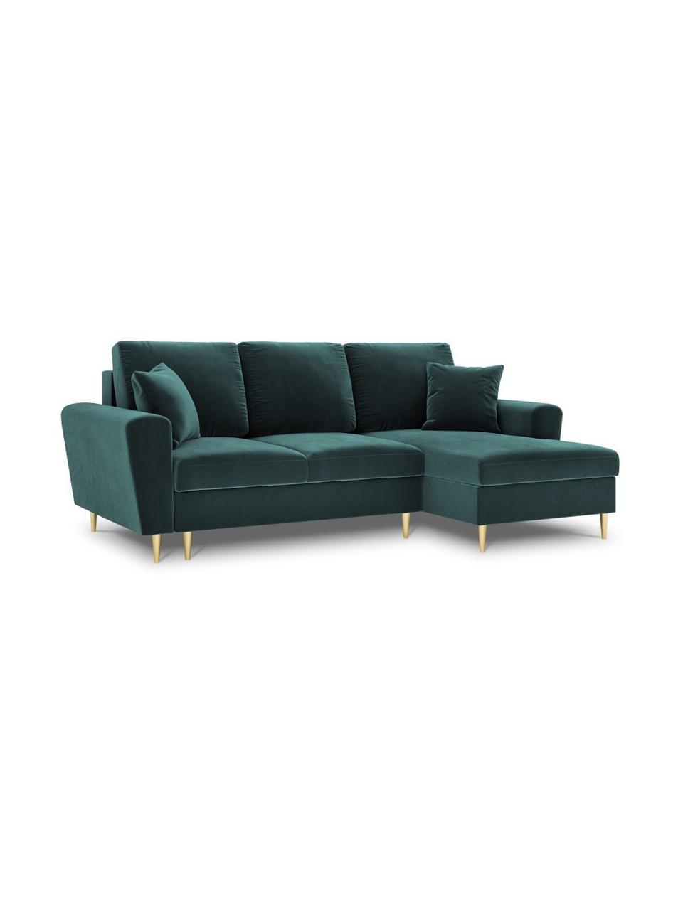 Divano letto angolare 4 posti in velluto con contenitore Moghan, Rivestimento: 100% velluto di poliester, Struttura: legno di pino massiccio, , Piedini: metallo rivestito, Velluto verde, ottonato, Larg. 241 x Prof. 145 cm, chaise-longue a destra