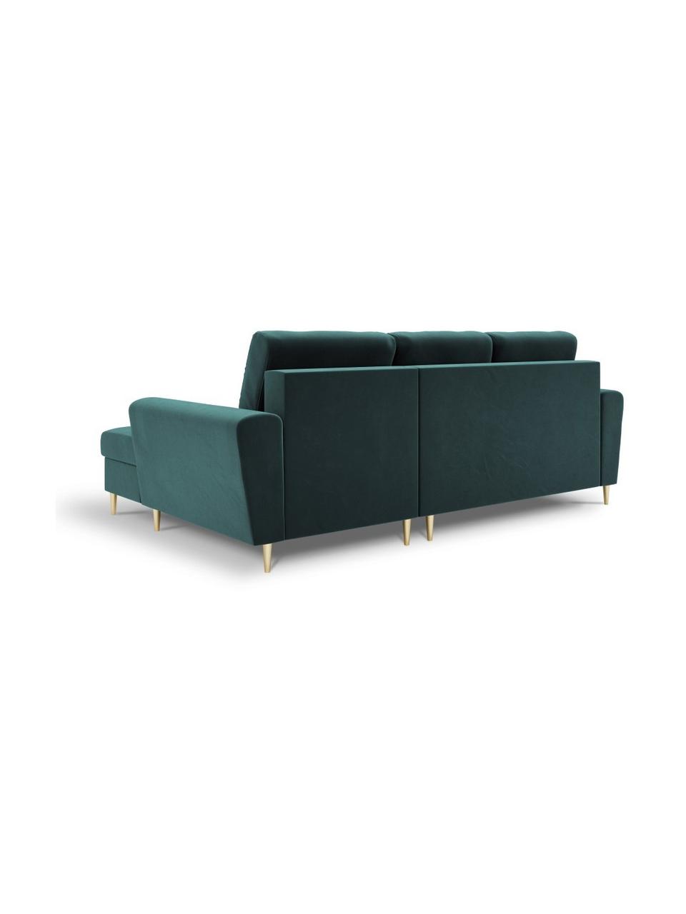Divano letto angolare 4 posti in velluto con contenitore Moghan, Rivestimento: 100% velluto di poliester, Struttura: legno di pino massiccio, , Piedini: metallo rivestito, Velluto verde, ottonato, Larg. 241 x Prof. 145 cm, chaise-longue a destra