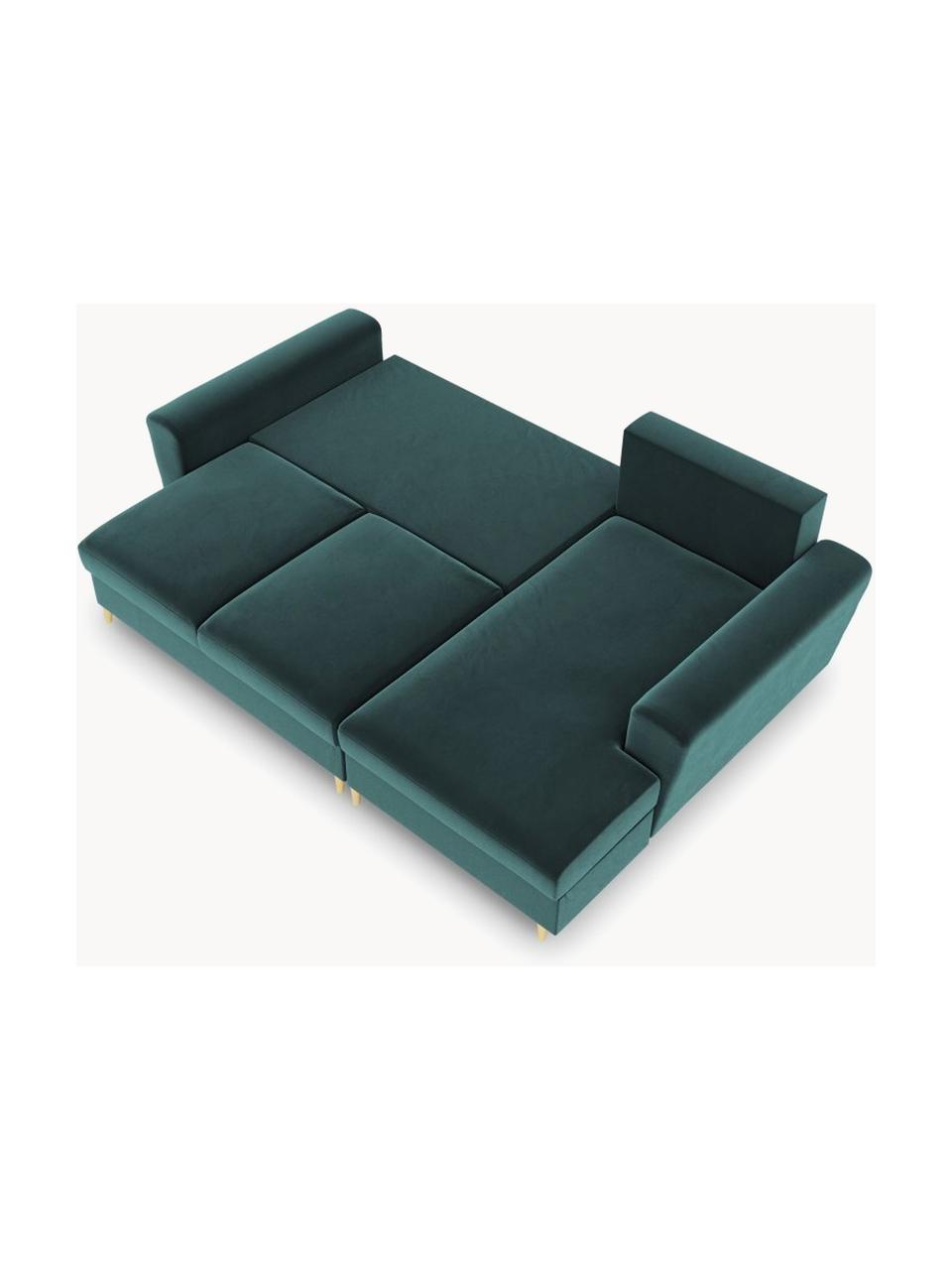 Sofá rinconera cama de terciopelo Moghan (3 plazas), con espacio de almacenamiento, Tapizado: 100% terciopelo de poliés, Estructura: madera de pino maciza, ag, Patas: metal revestido, Terciopelo azul petróleo, dorado, An 241 x F 145 cm, chaise longue izquierda