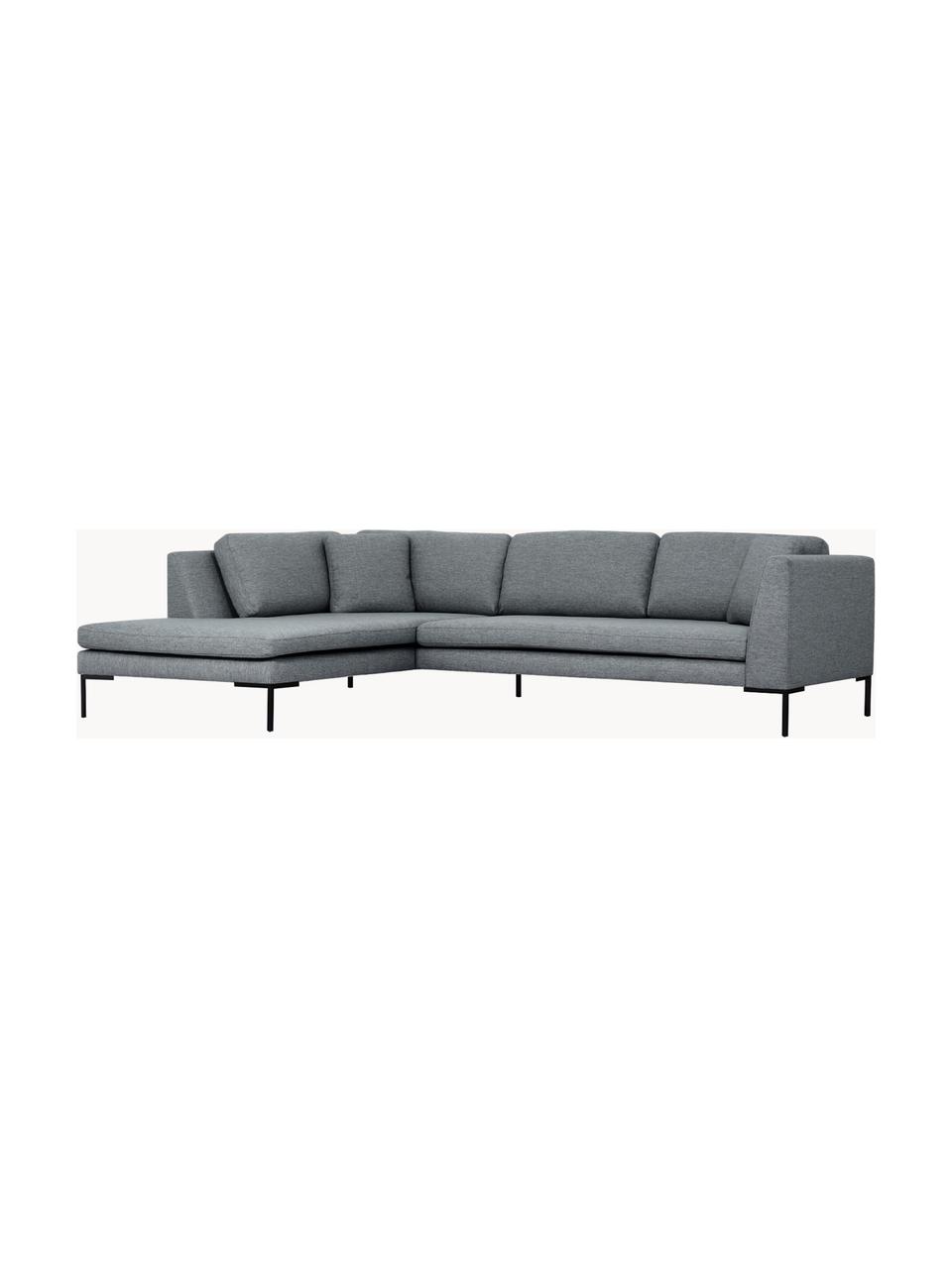 Sofa narożna z metalowymi nogami Emma, Tapicerka: poliester, Stelaż: lite drewno sosnowe, skle, Nogi: metal malowany proszkowo , Ciemnoszara tkanina, S 302 x G 220 cm, lewostronna