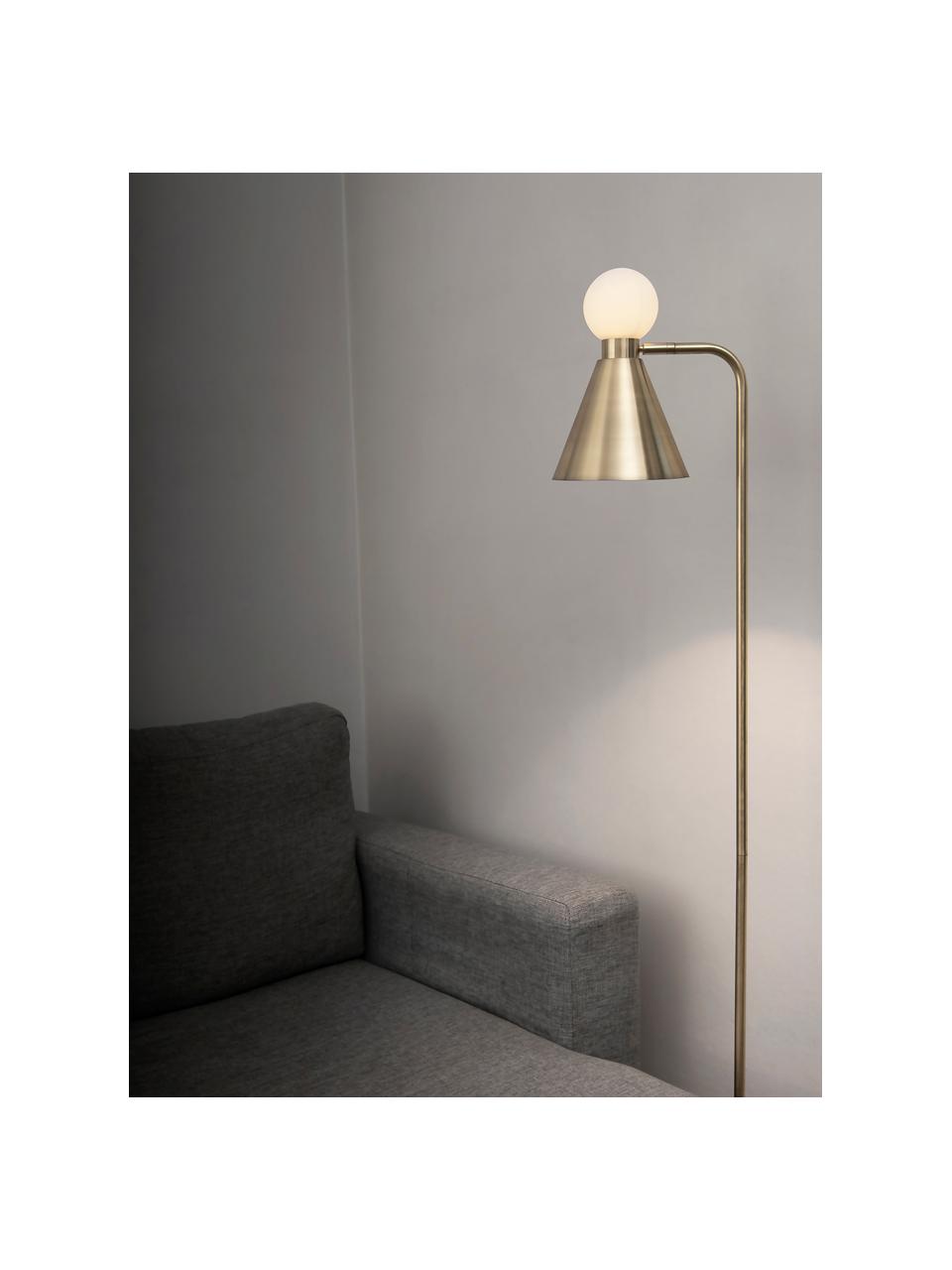Leeslamp Ludo met lichtgevende glazen decoratie, Lampenkap: vermessingd metaal, Lampvoet: vermessingd metaal, Geborsteld messingkleurig, wit, 18 x 156 cm