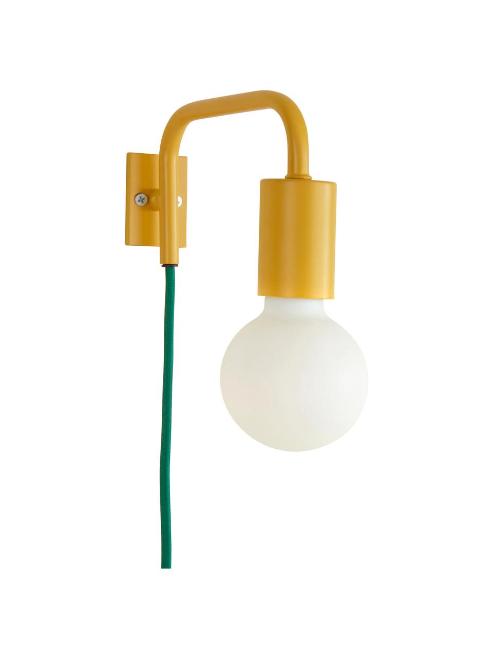 Wandlamp Cascais in geel, met groene kabel, Lampenkap: gecoat metaal, Geel, B 20 x H 12 cm