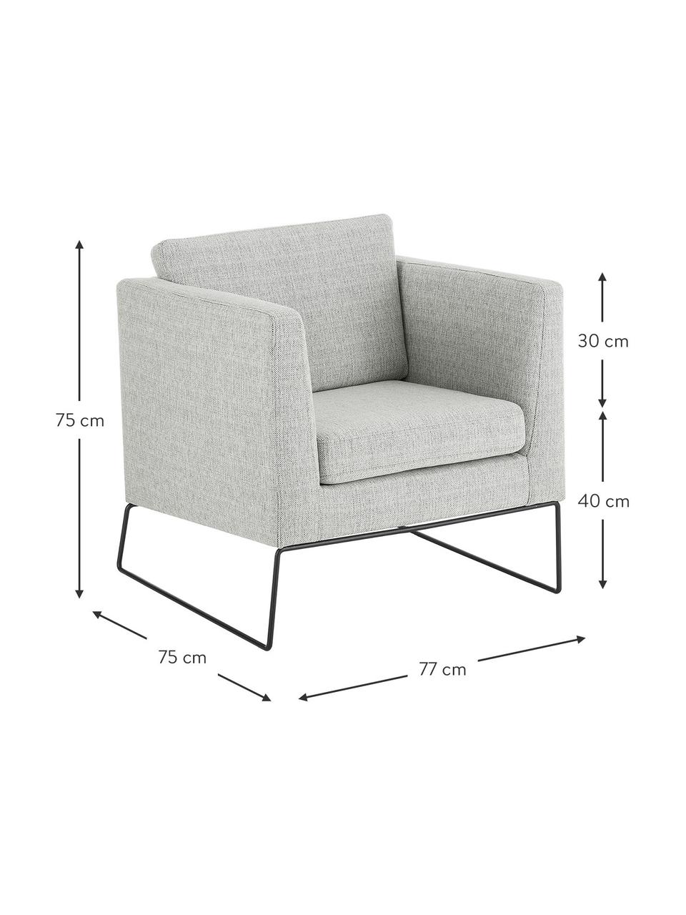 Klassieke fauteuil Milo in grijs met metalen poten, Bekleding: hoogwaardig polyester, Frame: grenenhout, Poten: gelakt metaal, Geweven stof grijs, B 77 x D 75 cm