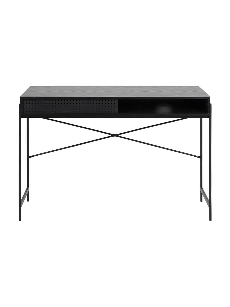 Scrivania con vano portaoggetti Angus, Struttura: metallo rivestito, Legno, nero verniciato, Larg. 110 x Prof. 50 cm