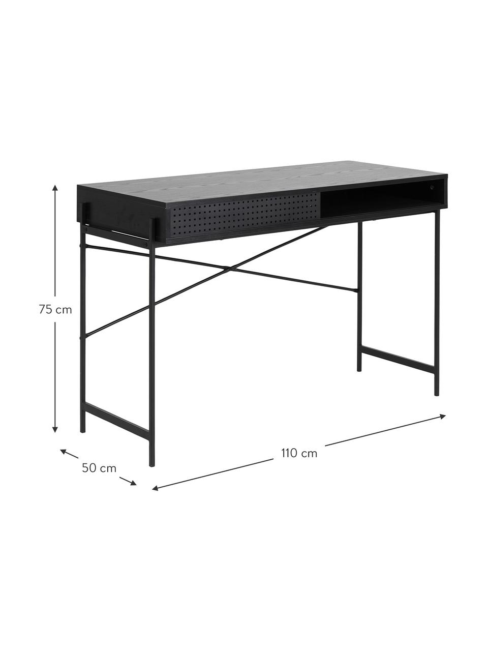 Schreibtisch Angus in Schwarz mit Stauraum, Tischplatte: Mitteldichte Holzfaserpla, Gestell: Metall, beschichtet, Schwarz, B 110 x T 50 cm
