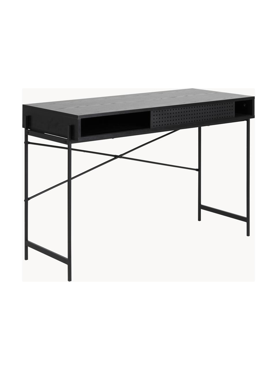 Schmaler Schreibtisch Angus mit Stauraum, Tischplatte: Mitteldichte Holzfaserpla, Gestell: Metall, beschichtet, Schwarz, B 110 x T 50 cm