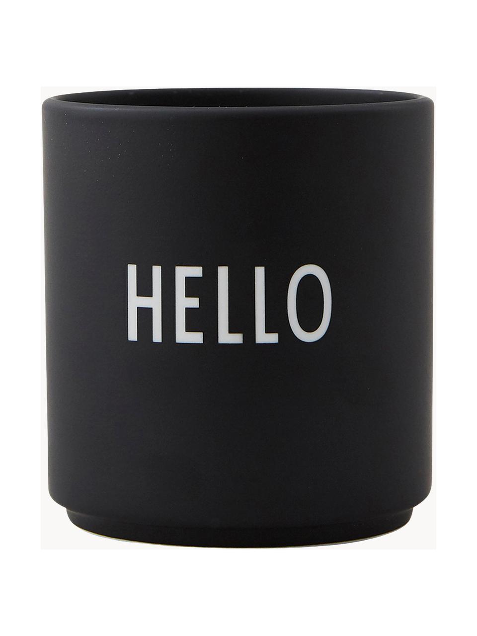 Design beker Favourite HELLO met opschrift, Beenderporselein (porselein)
Fine Bone China is een zacht porselein, dat zich vooral onderscheidt door zijn briljante, doorschijnende glans., Zwart (Hello), Ø 8 x H 9 cm, 250 ml