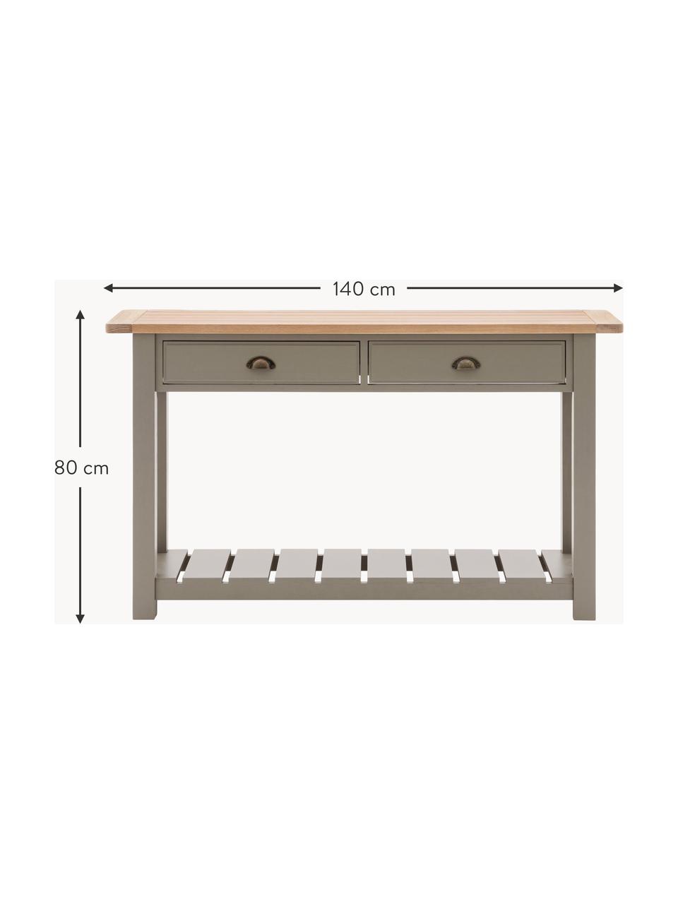 Handgeschilderde houten Eton console, Tafelblad: gelakt eikenhout, Frame: dennenhout, gelakt, Handvatten: gecoat metaal, Eikenhout, olijfgroen, B 140 x H 80 cm