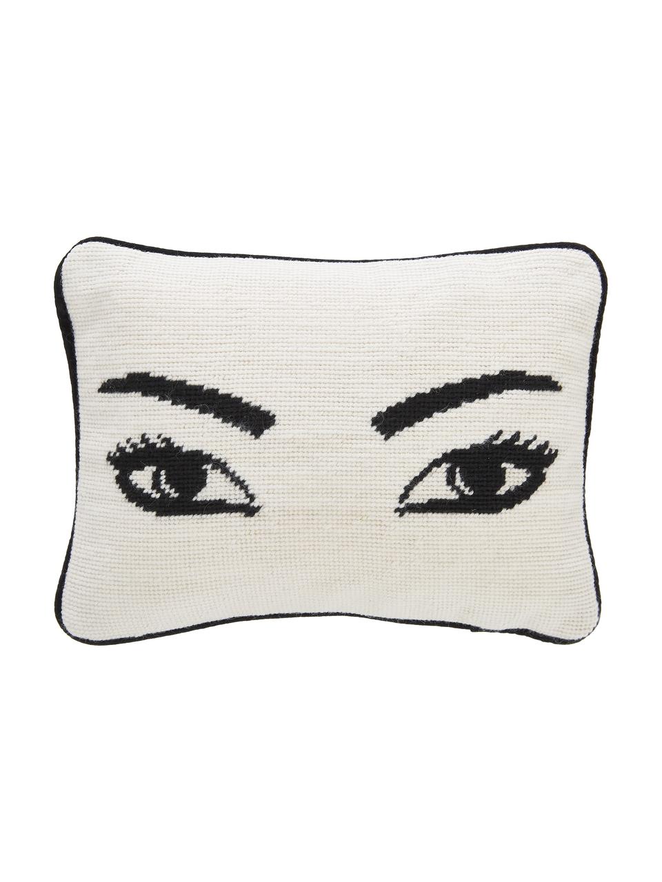 Petit coussin rectangulaire design brodé main Eyes, Blanc, noir, larg. 23 x long. 30 cm