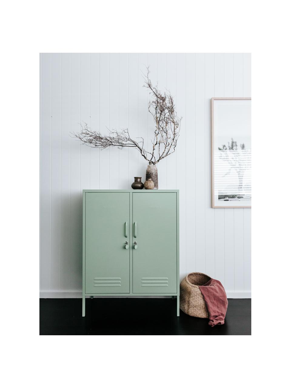 Credenza alta in metallo The Midi, Acciaio verniciato a polvere, Verde salvia, Larg. 85 x Alt. 111 cm