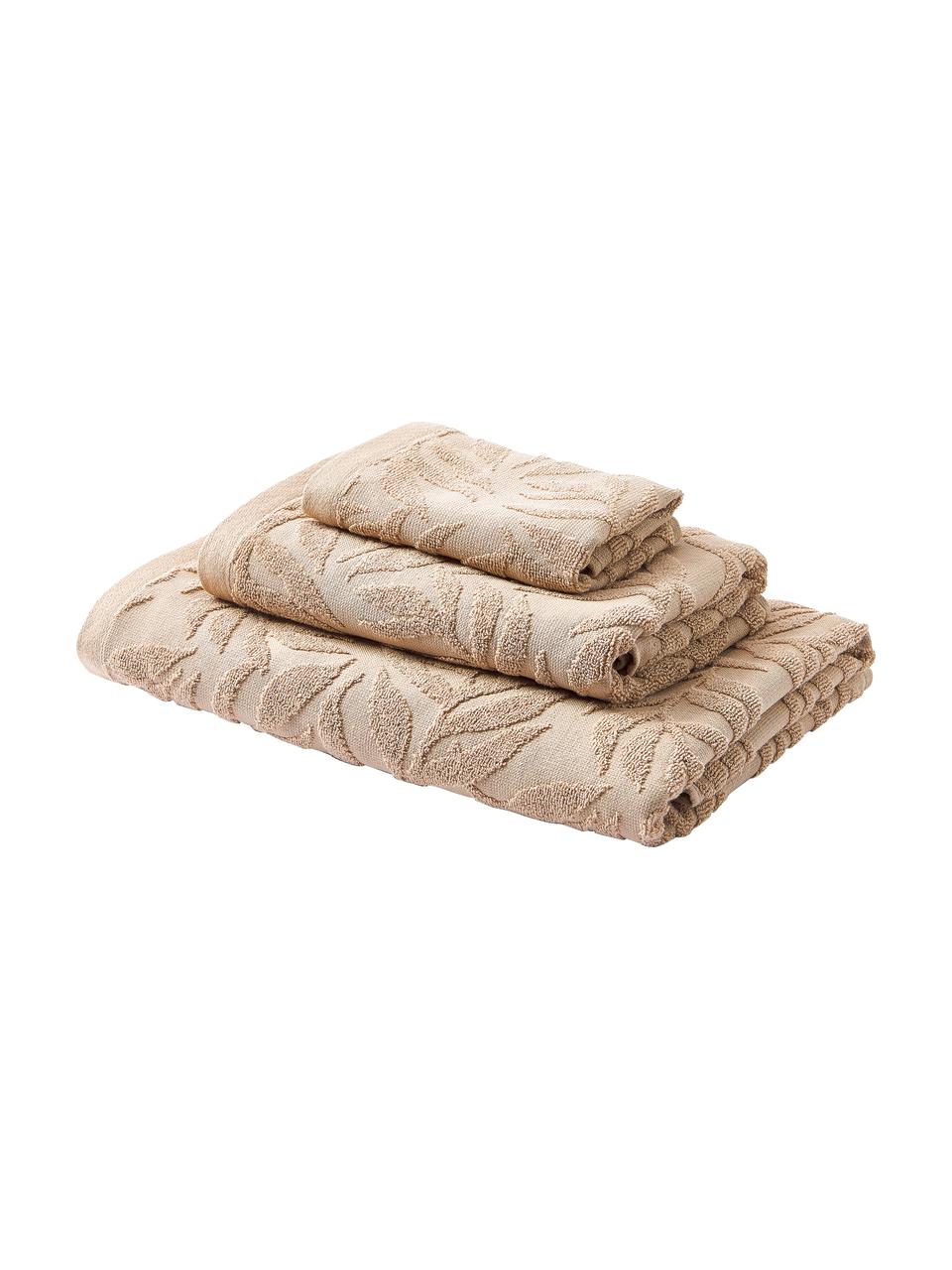Lot de serviettes de bain en coton Leaf, 3 élém., Beige, Lot de différentes tailles