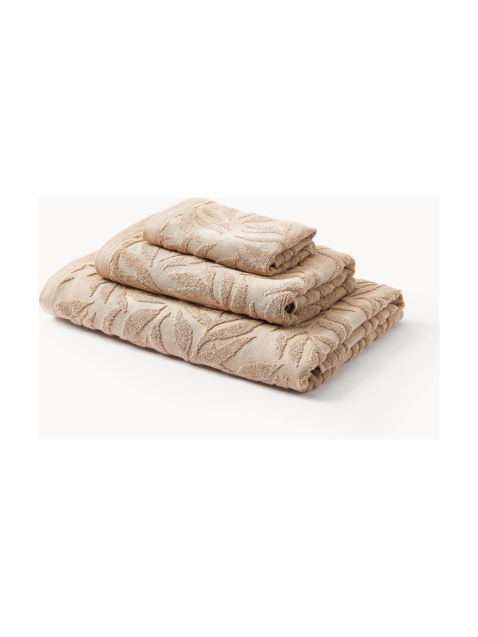 Lot de serviettes de bain en coton Leaf, tailles variées, Beige, 3 éléments (1 serviette invité, 1 serviette de toilette et 1 drap de bain)