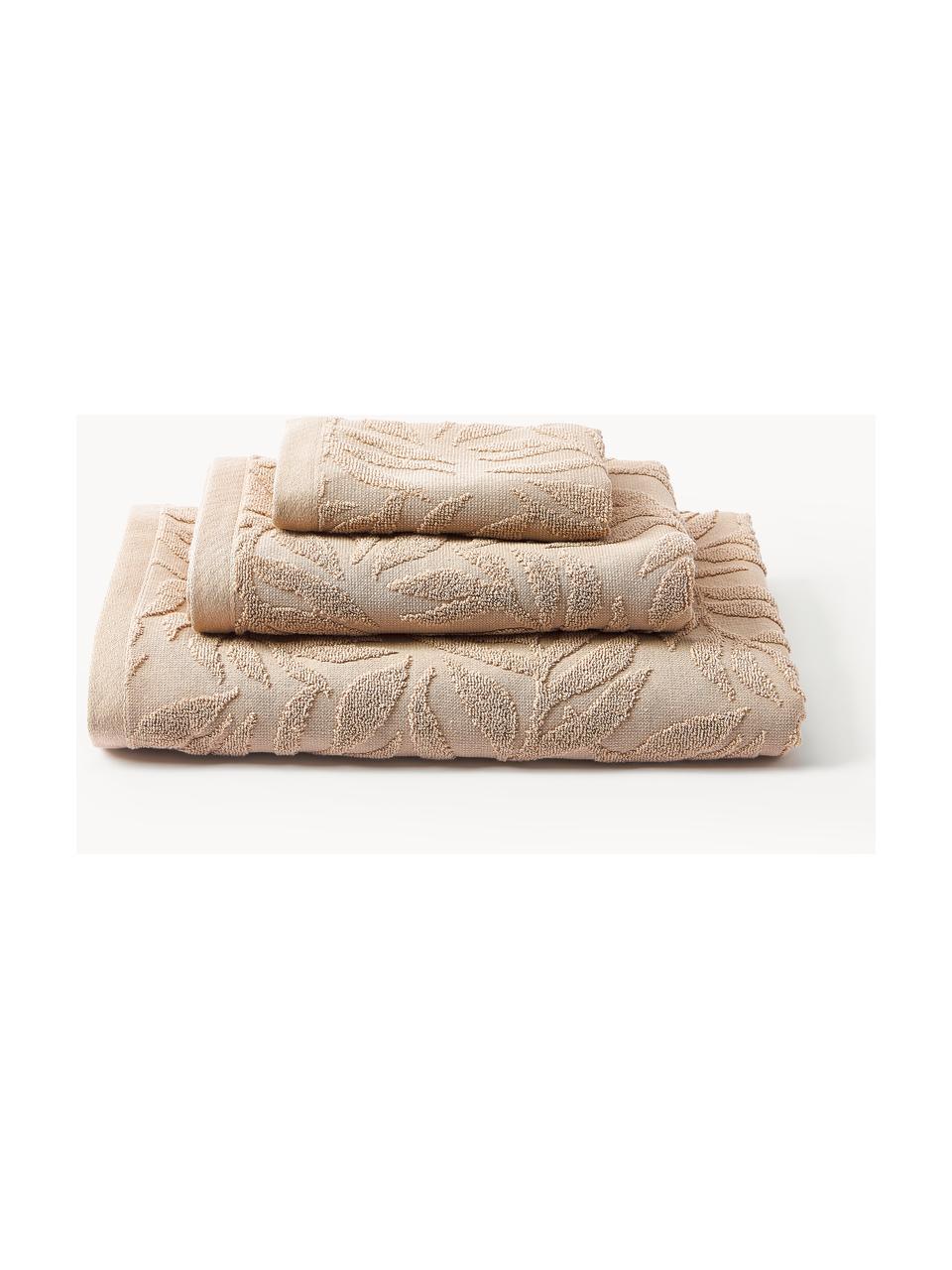 Set de toallas de algodón Leaf, 3 uds., Beige, Set de 3 (toalla tocador, toalla lavabo y toalla ducha)