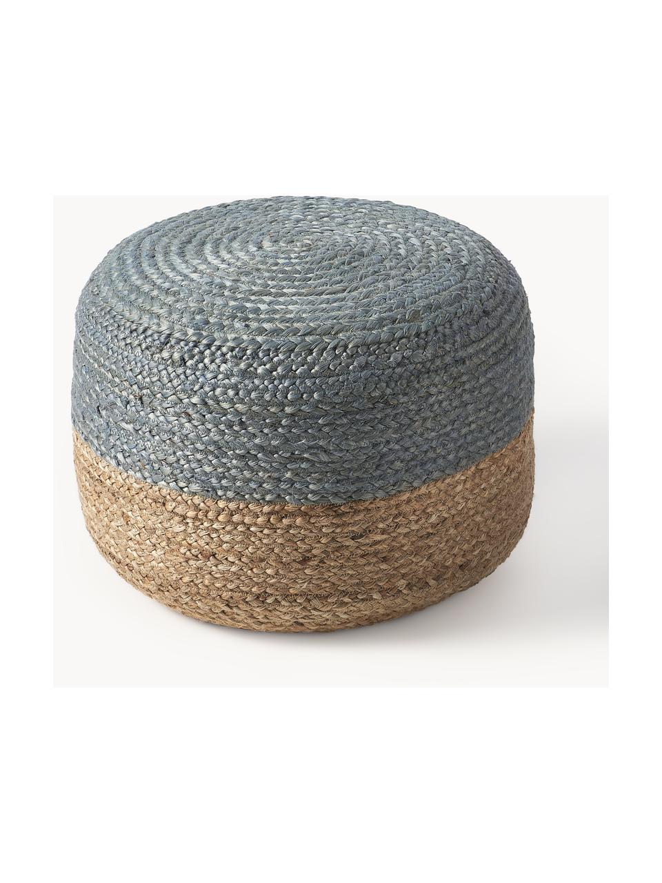 Pouf en jute artisanal Bono, Gris-bleu, beige, Ø 50 x haut. 36 cm