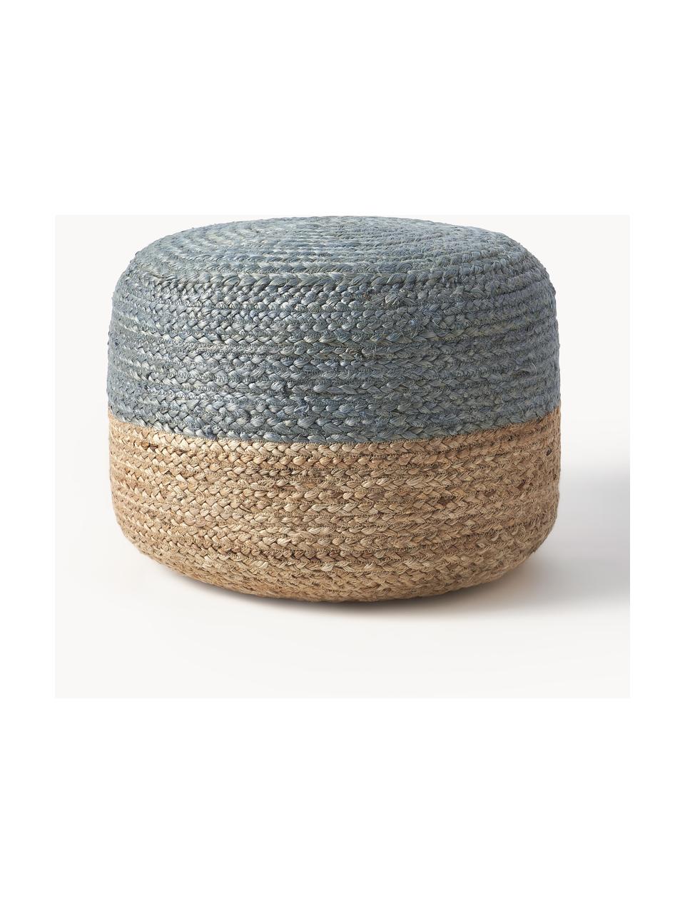 Pouf en jute artisanal Bono, Gris-bleu, beige, Ø 50 x haut. 36 cm