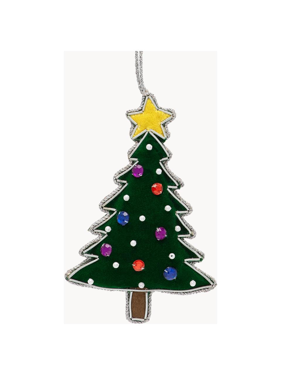 Baumanhänger Christmas Tree aus Samt, 60 % Samt (Polyester), 25 % Schaumstoff, 15 % Kunststoffperlen, Dunkelgrün, Bunt, Silberfarben, B 8 x H 11 cm