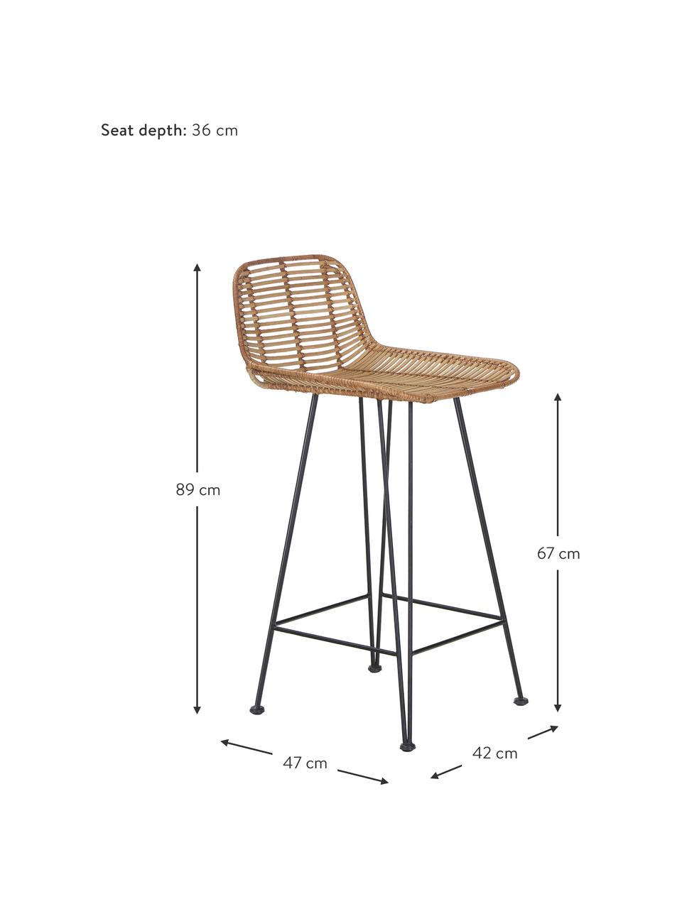 Rattan-Thekenstuhl Blind mit Metall-Beinen, Beine: Metall, pulverbeschichtet, Sitzschale: Rattan, Rattan, Schwarz, B 42 x H 89 cm