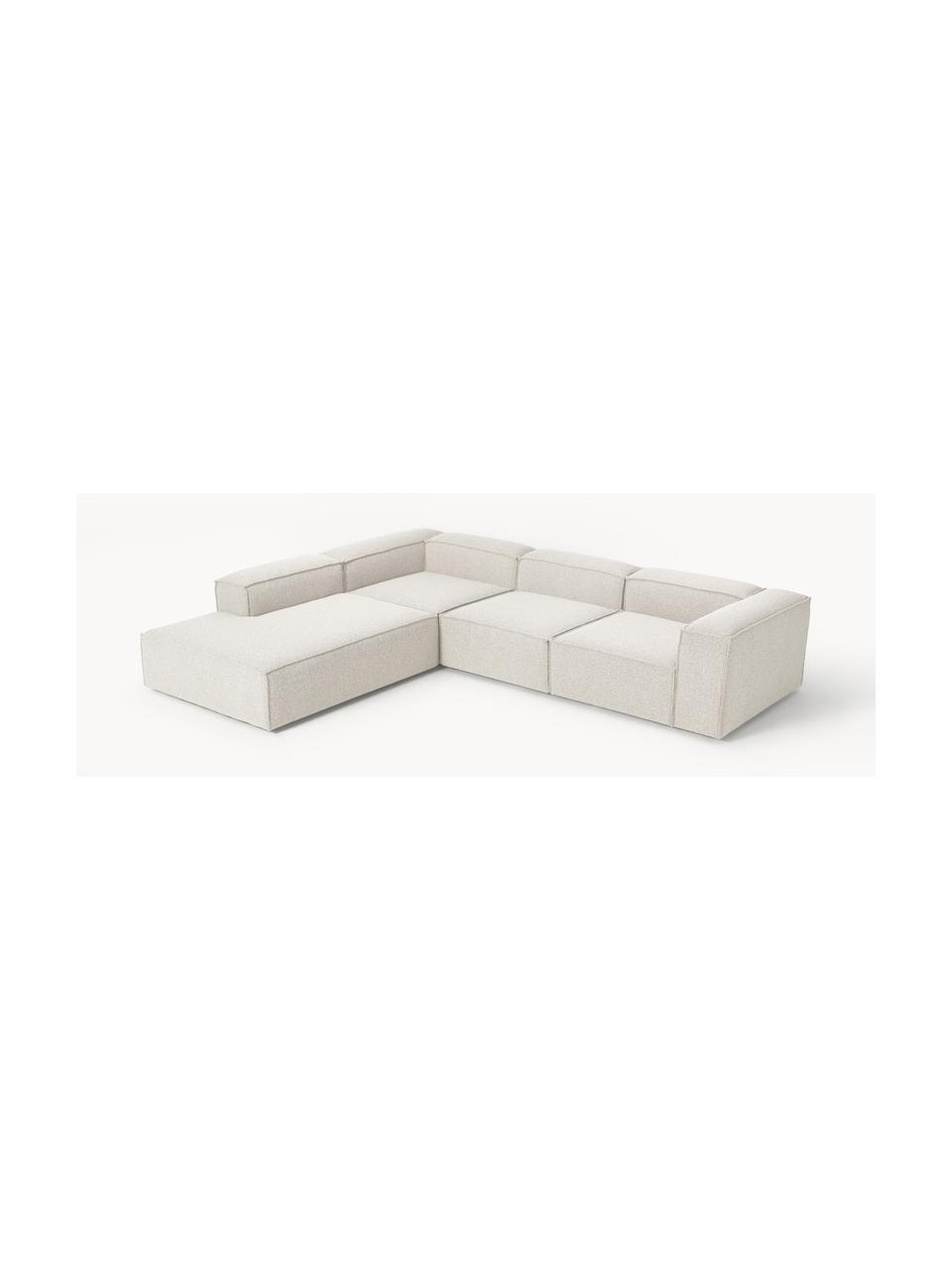 Divano angolare componibile XL in bouclé Lennon, Rivestimento: bouclé (100% poliestere) , Struttura: legno di pino massiccio, , Piedini: plastica Questo prodotto , Bouclè bianco latte, Larg. 329 x Prof. 269 cm, chaise longue a sinistra