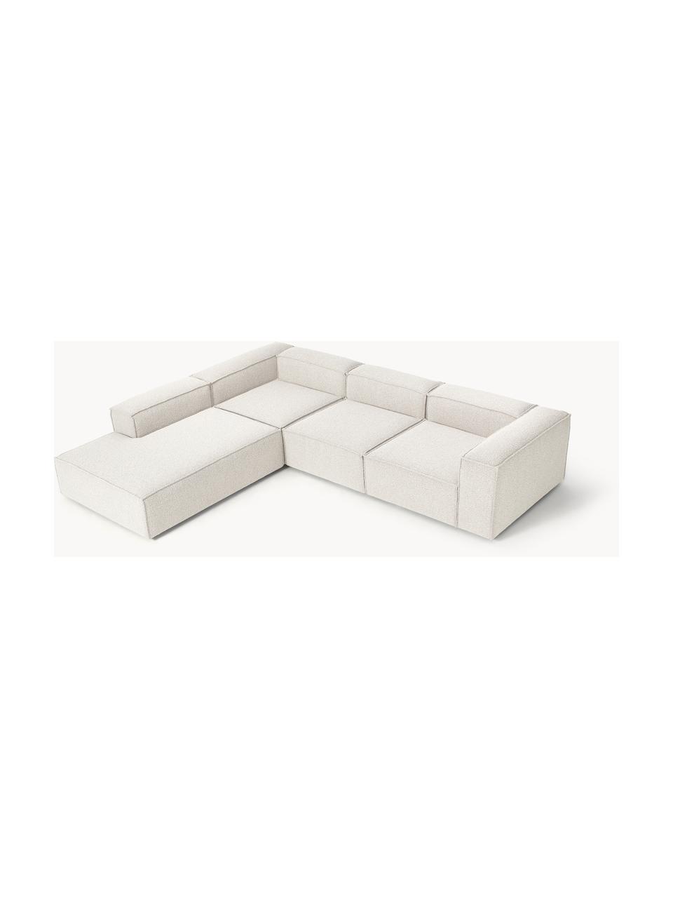 Divano angolare componibile XL in bouclé Lennon, Rivestimento: bouclé (100% poliestere) , Struttura: legno di pino massiccio, , Piedini: plastica Questo prodotto , Bouclè bianco latte, Larg. 329 x Prof. 269 cm, chaise longue a sinistra