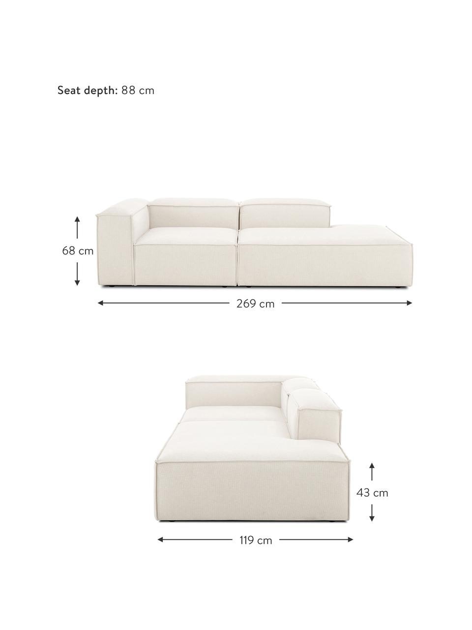 Chaise longue componibile Lennon, Rivestimento: 100% poliestere Con 115.0, Struttura: legno di pino massiccio, , Piedini: plastica, Tessuto beige, Larg. 269 x Prof. 119 cm, schienale a sinistra