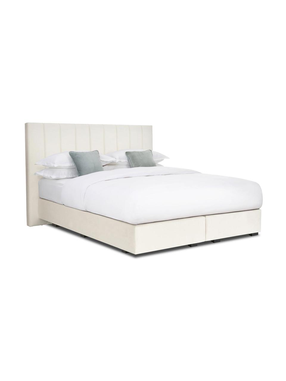 Premium Samt-Boxspringbett Lacey in Beige, Matratze: 7-Zonen-Taschenfederkern , Füße: Massives Buchenholz, lack, Samt Beige, 200 x 200 cm