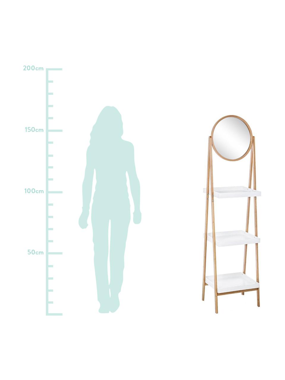 Estantería escalera Audrey, con espejo, Estructura: madera de bambú, Estante: tablero de fibras de dens, Beige, blanco, An 40 x Al 163 cm