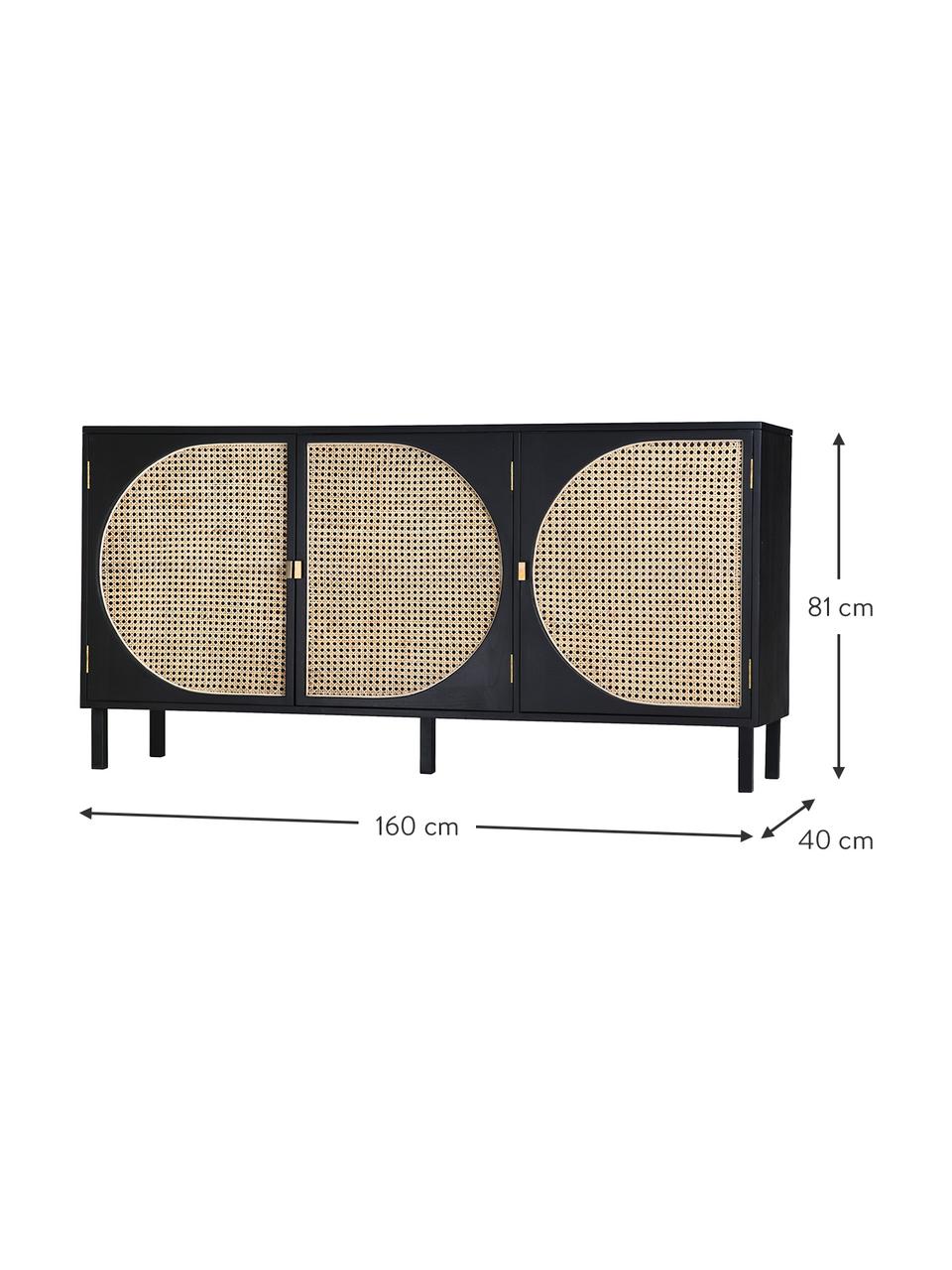 Credenza fatta a mano in legno Sungkai con intreccio viennese Lizzie, Piedini: metallo verniciato a polv, Maniglie: ottone rivestito, Nero, rattan, Larg. 160 x Alt. 81 cm